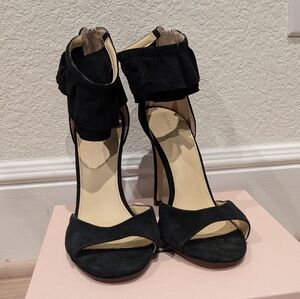 Ivanka Trump Herlle Black suede ankle strap ruffle bow stiletto heels peep toe